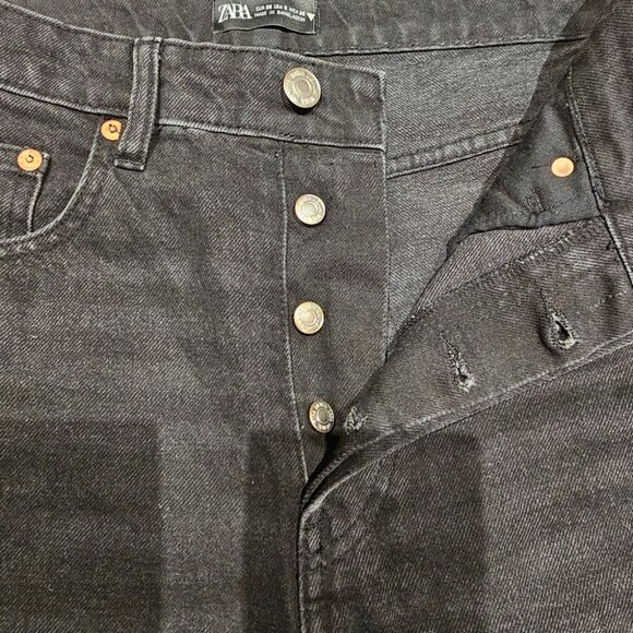 ZARA Straight Leg Jeans High Rise Raw Hem Cropped Washed Black Size US6 - Picture 7 of 9